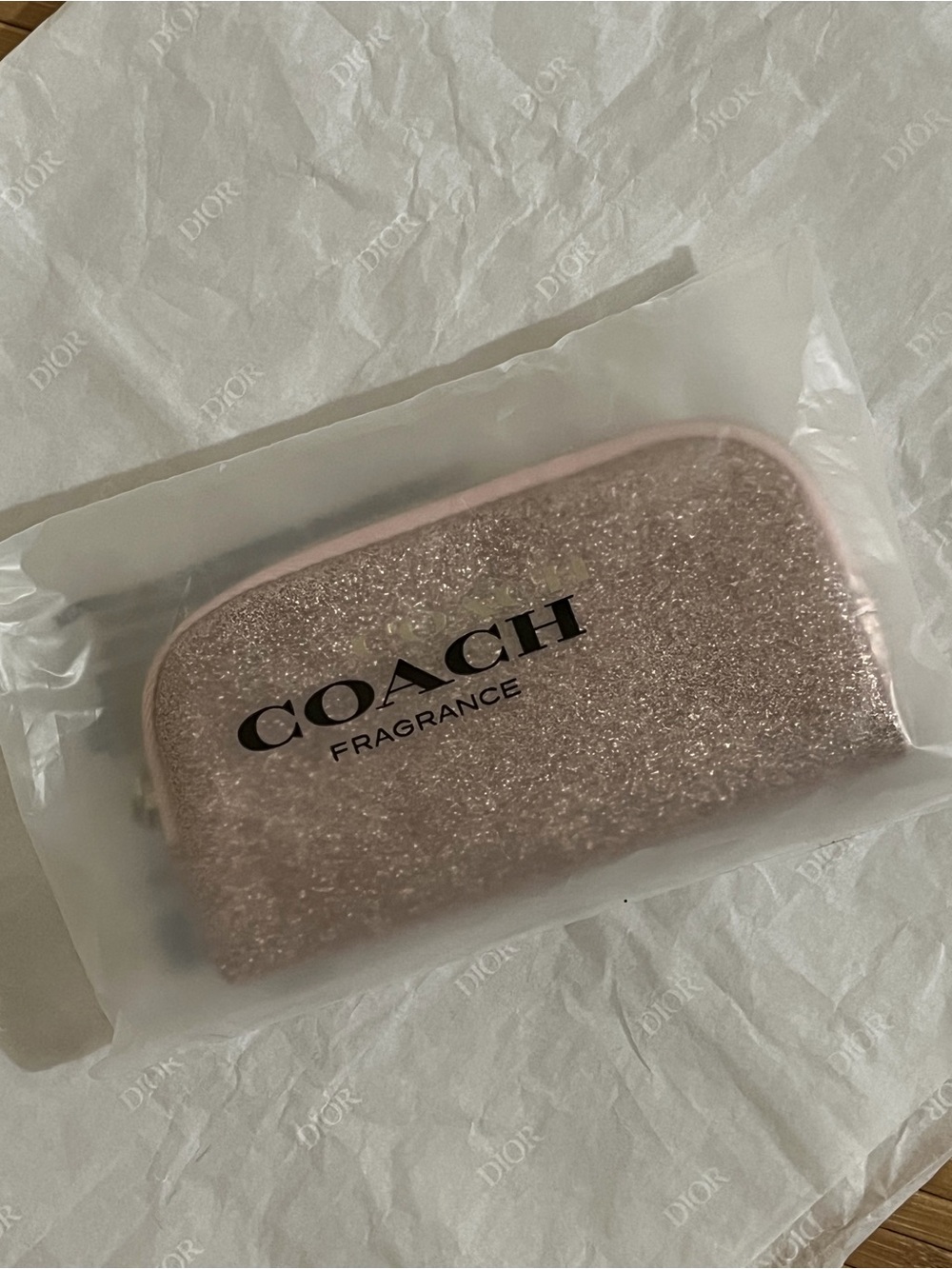 COACH Rose Gold Glitter Zip Cosmetic Pouch with Gold Logo - Picture 10 of 12